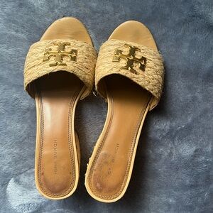 Tory Burch Gold and Tan Woven Sandals/heels